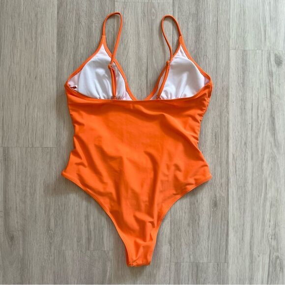 One Piece Swimsuit Bathing Suit V-Neck Draped Orange L - Picture 3 of 6